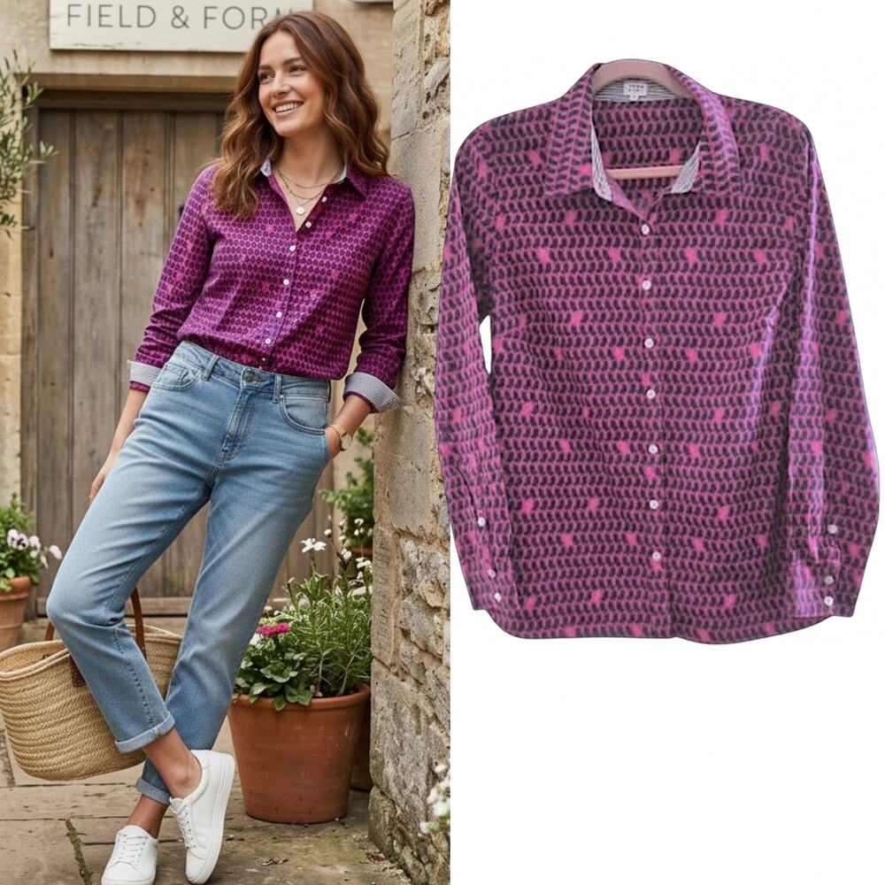 Crown & Ivy Bird Novelty Print Cotton Button Up Blouse Shirt Pink Navy Size M